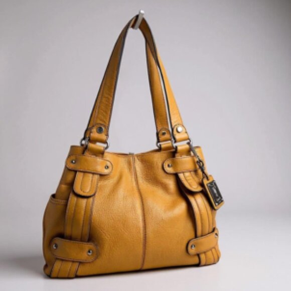 Tignanello Pebble Leather Shoulder Bag – Mustard Yellow – Double Strap Tote - Picture 2 of 12